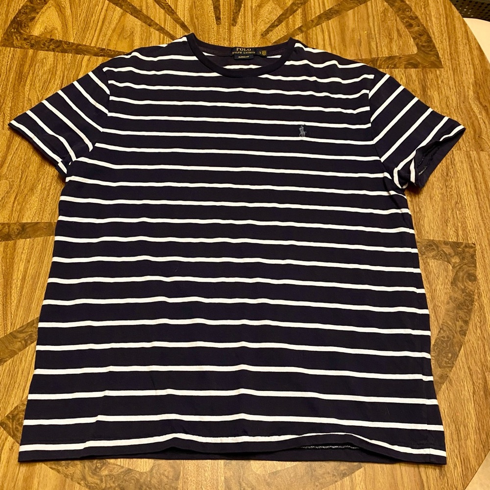 Vintage Y2K Single Stitch 90s Polo Ralph Lauren Basic Navy Striped Tee T-Shirt L